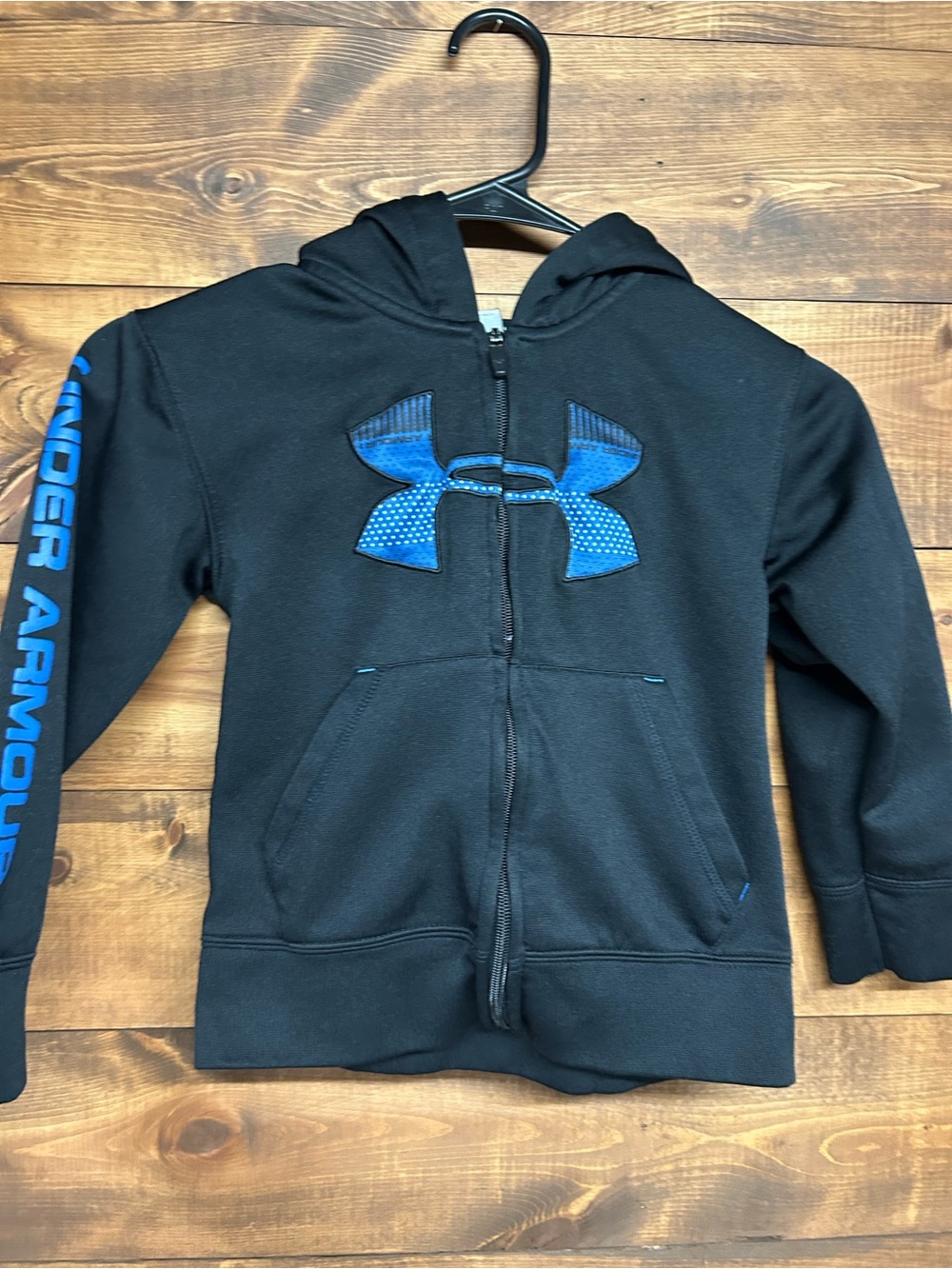 Under Armour Black Hoodie with Blue Logo & Sleeve Text